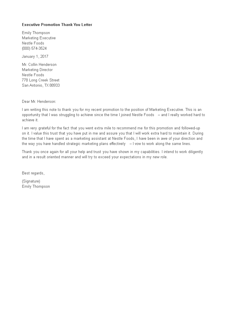 executive promotion thank you letter template