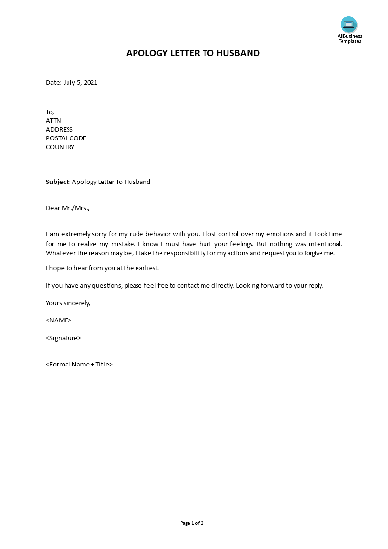 apology letter for rude behavior to husband template