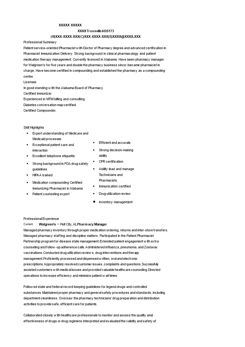 Sample Pharmacist Manager Resume 模板