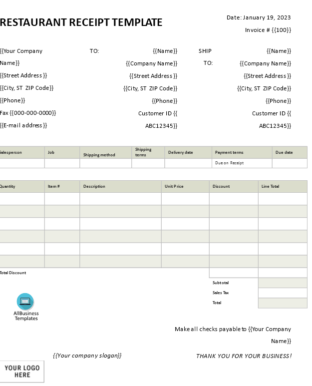 restaurant receipt word template