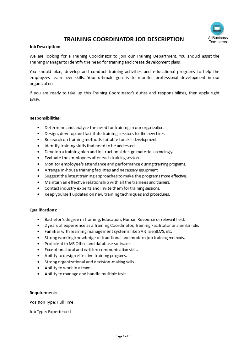 training coordinator job description modèles