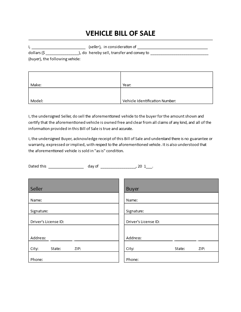 used car bill of sale template template