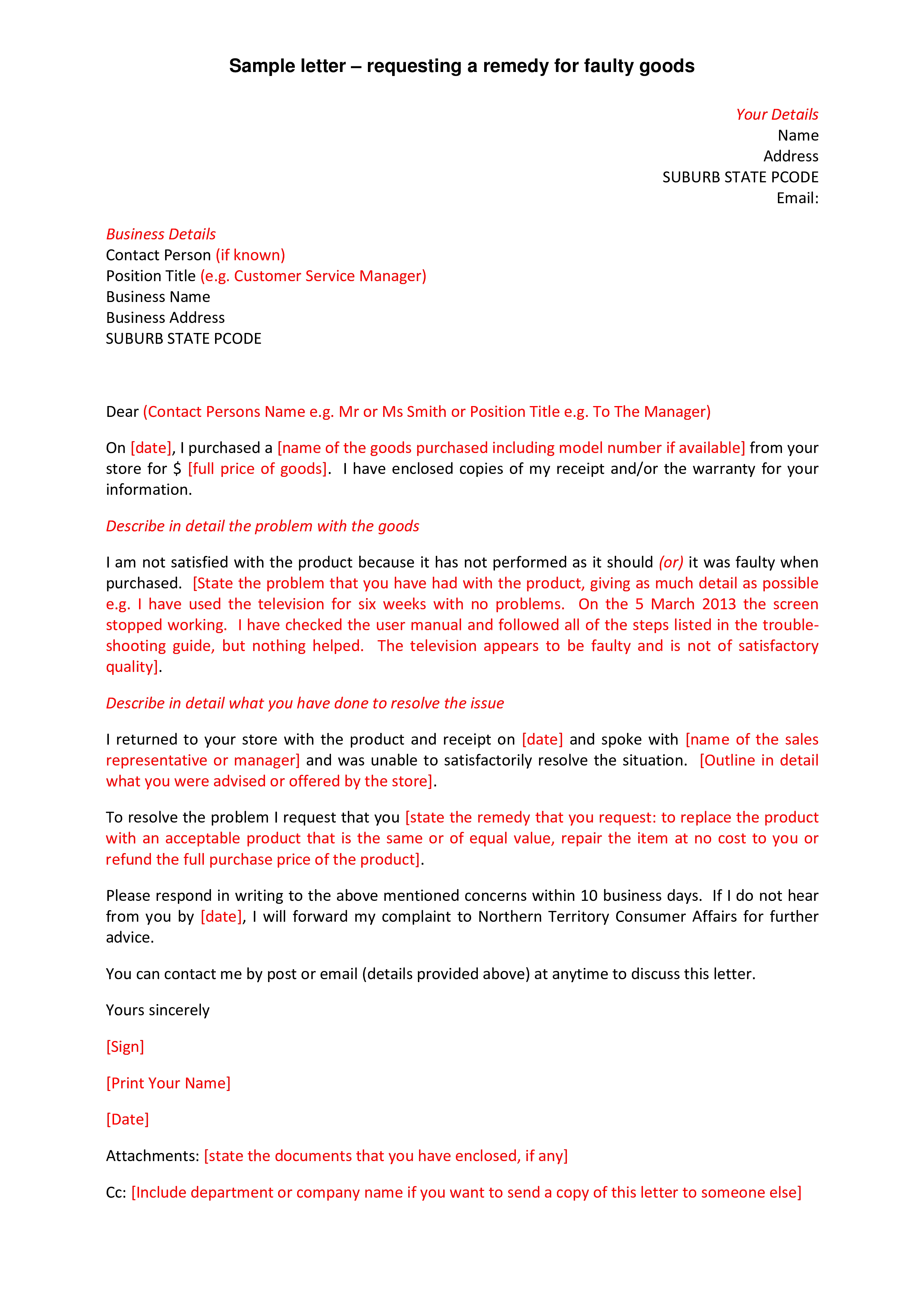 sample consumer complaint letter template