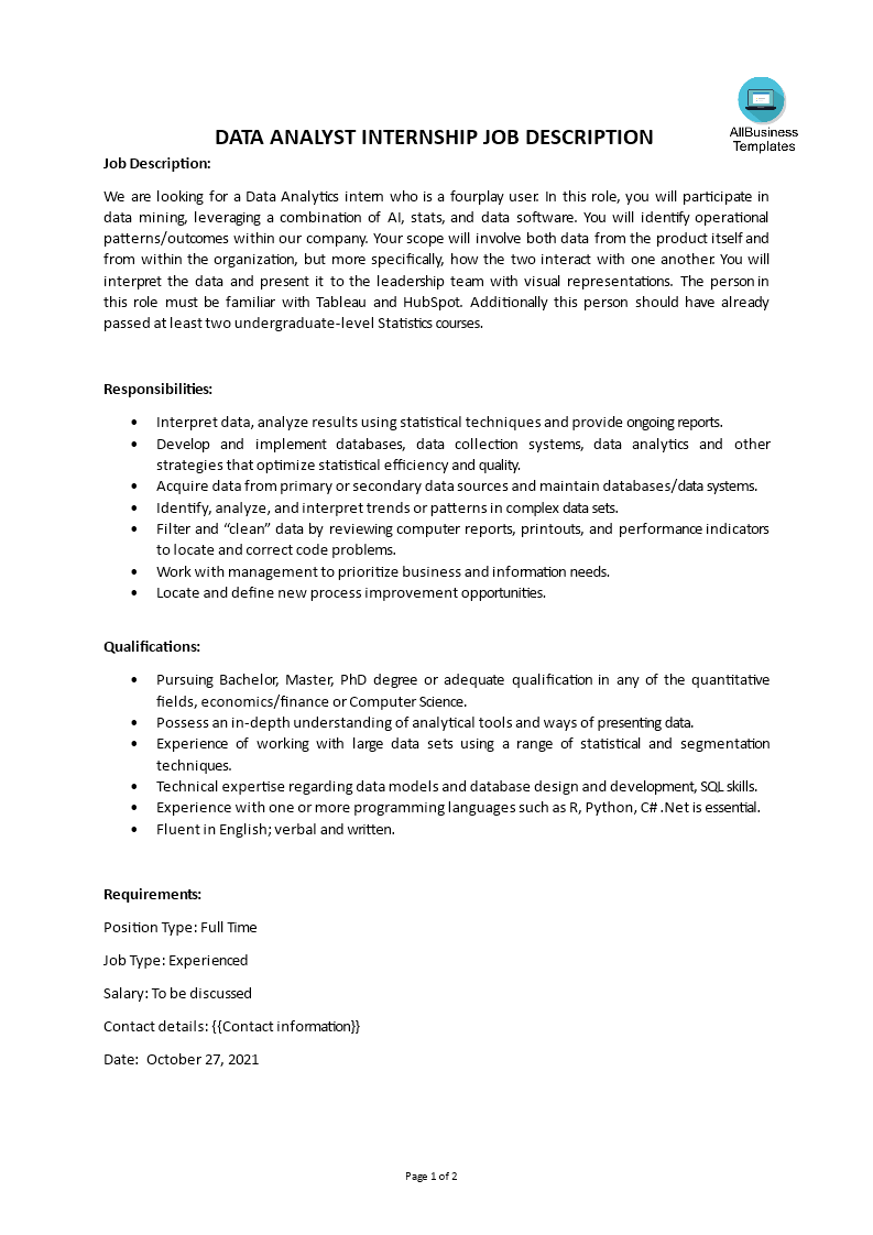 Data Analyst Internship Job Description 模板