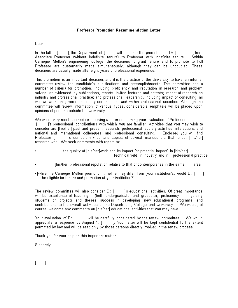 professor promotion recommendation letter template