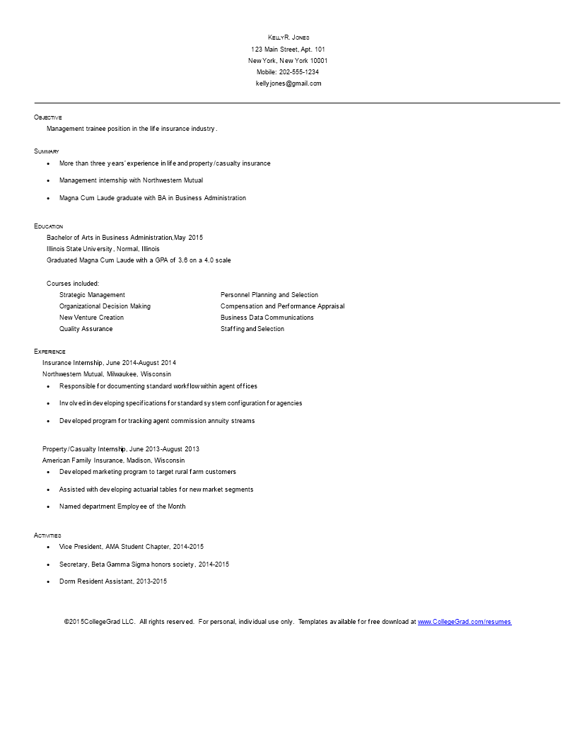 Insurance Business Resume Sample 模板