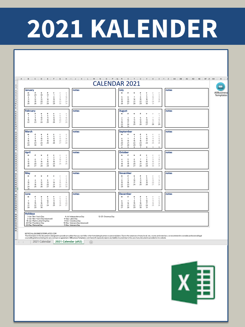 kalender 2021 excel template