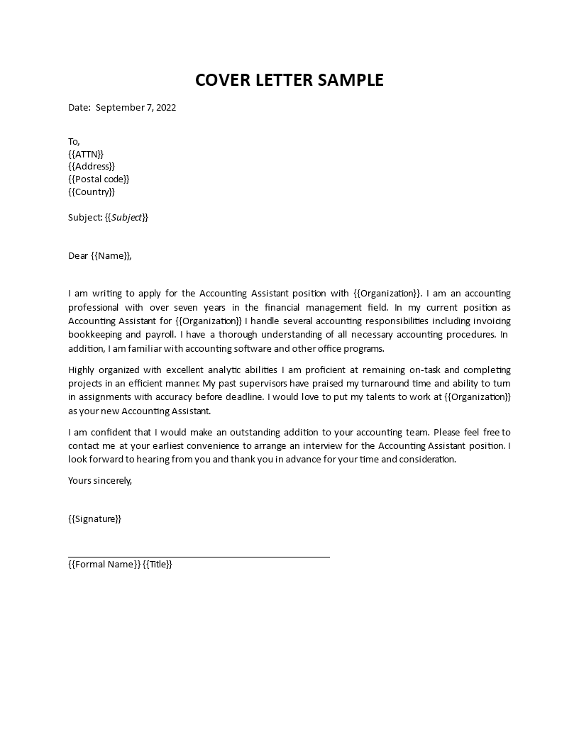 assistant accountant cover letter template