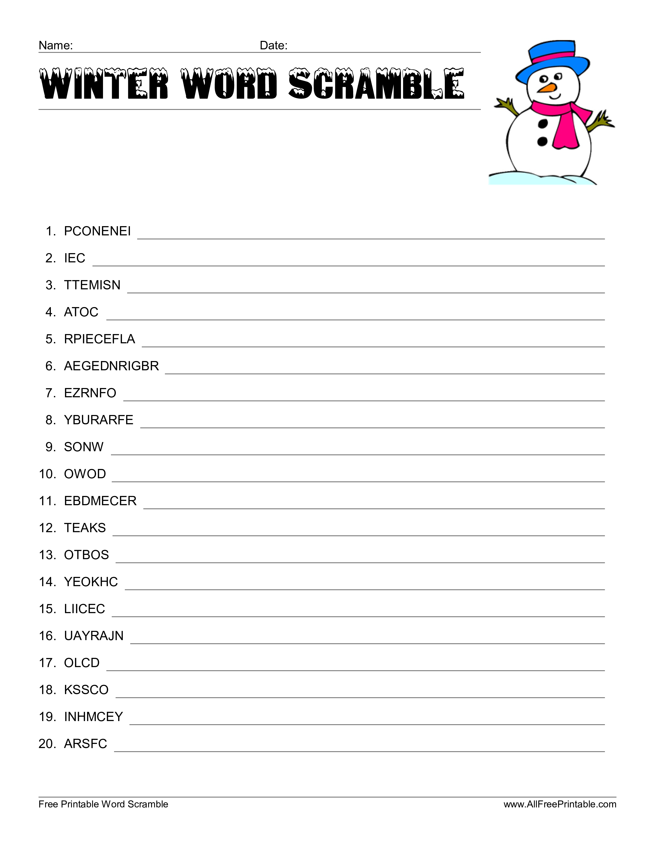 free winter word scramble templates at