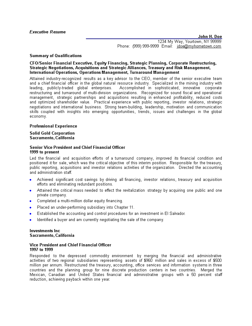 sample executive resume template