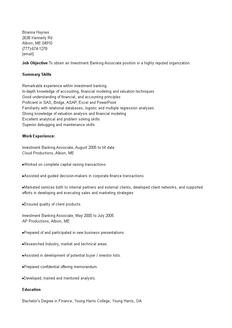 investment banking associate cv sample plantilla imagen principal