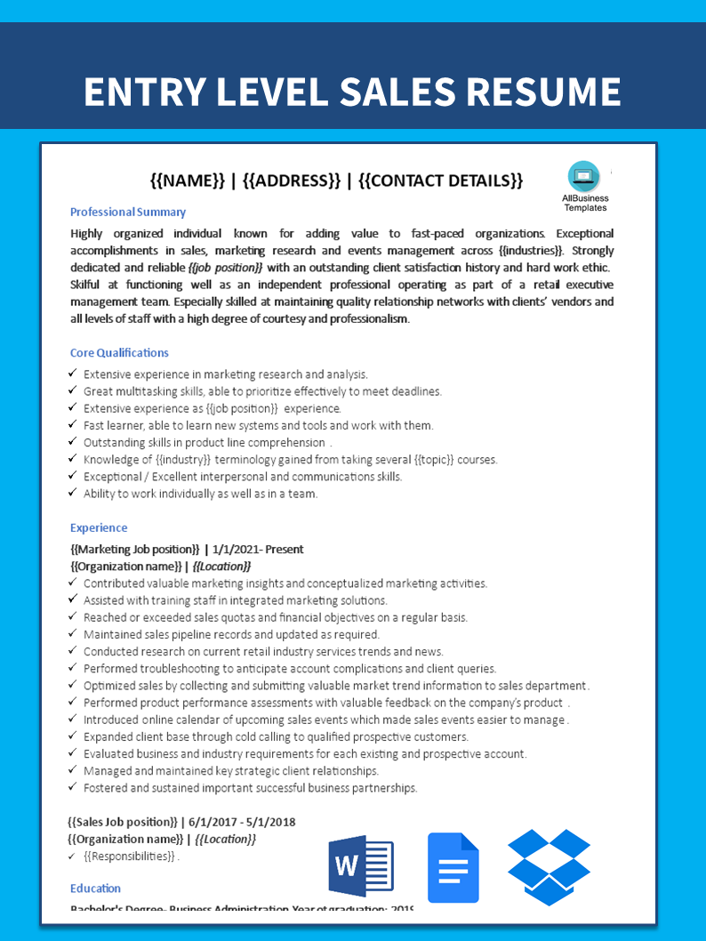 entry level sales representative resume Hauptschablonenbild