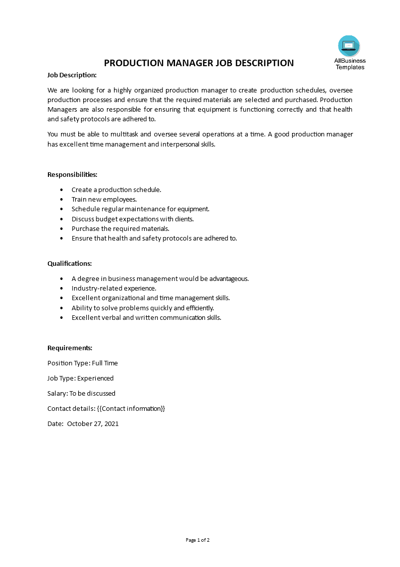 production manager job description modèles