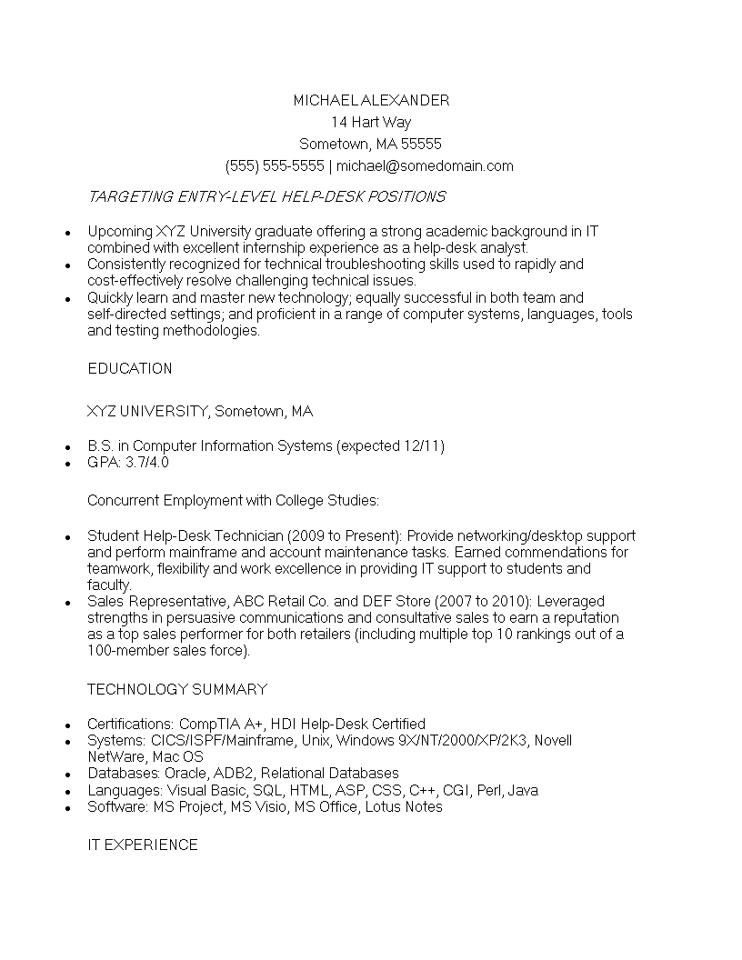 entry level it job resume Hauptschablonenbild