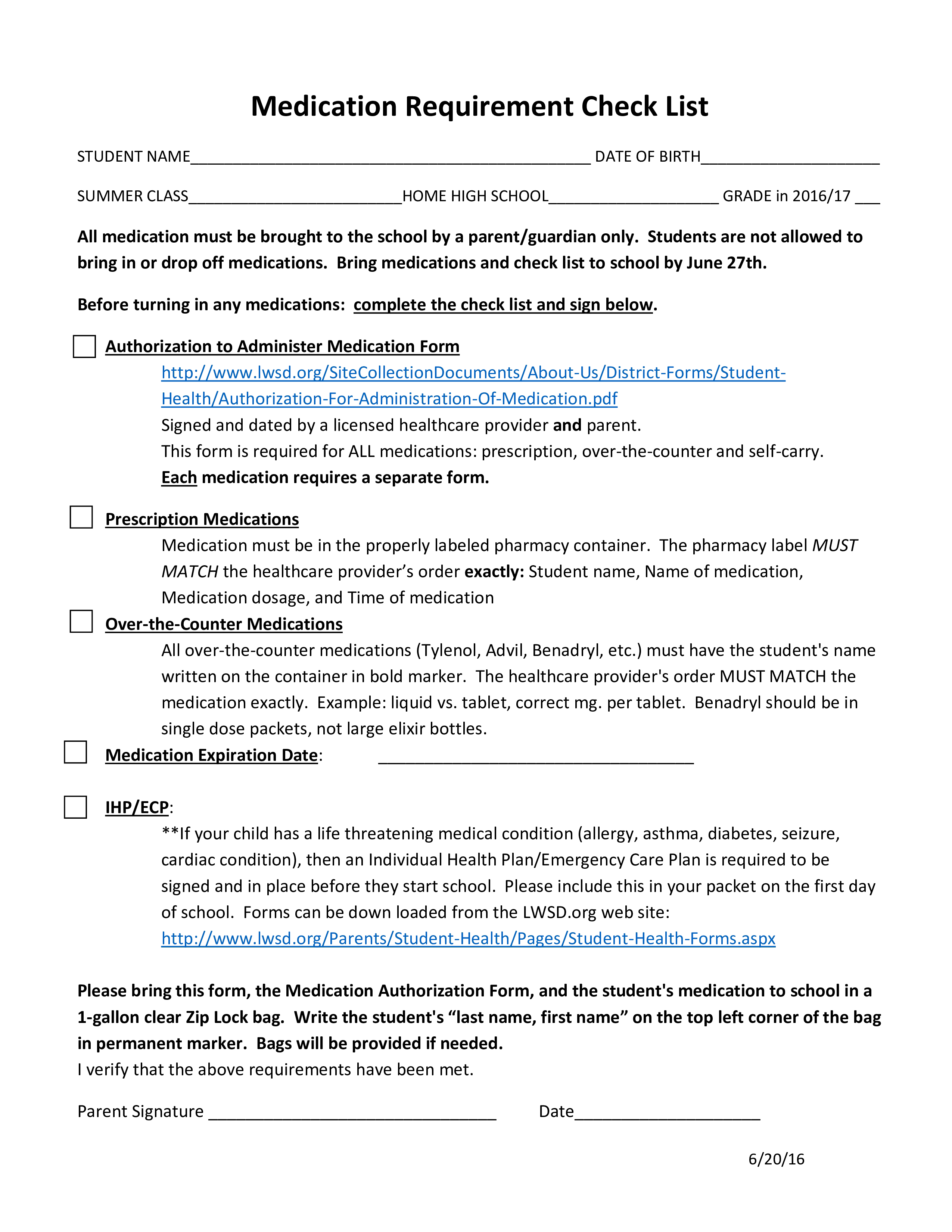 Medication Requirement Checklist 模板