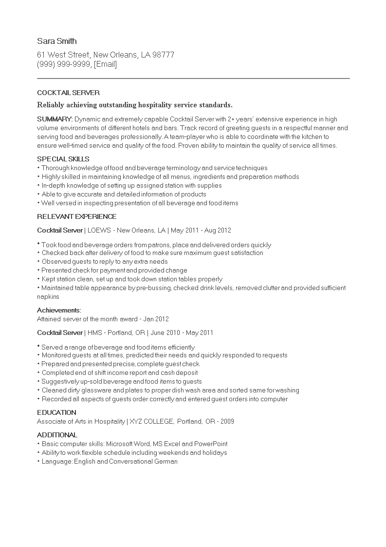 cocktail resume modèles