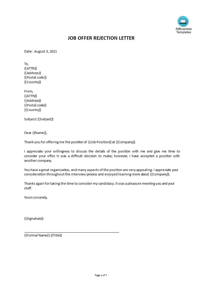 Job Offer Rejection Letter Sample main image