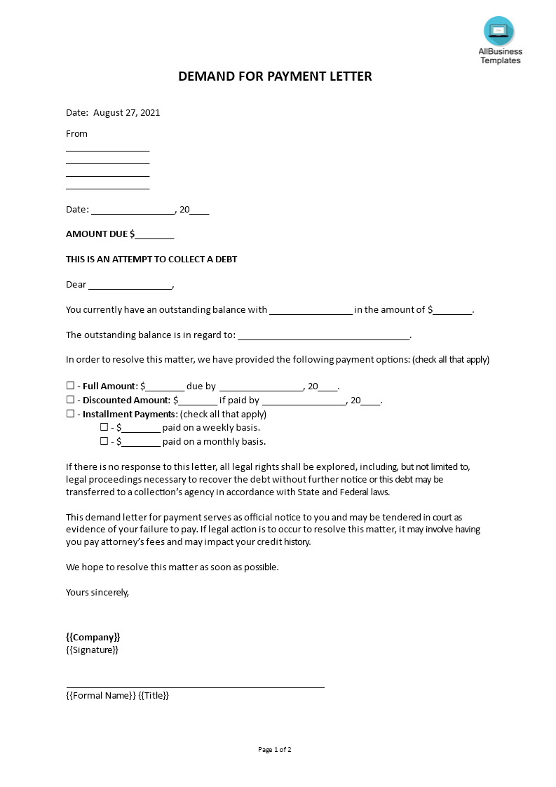 demand for payment letter template