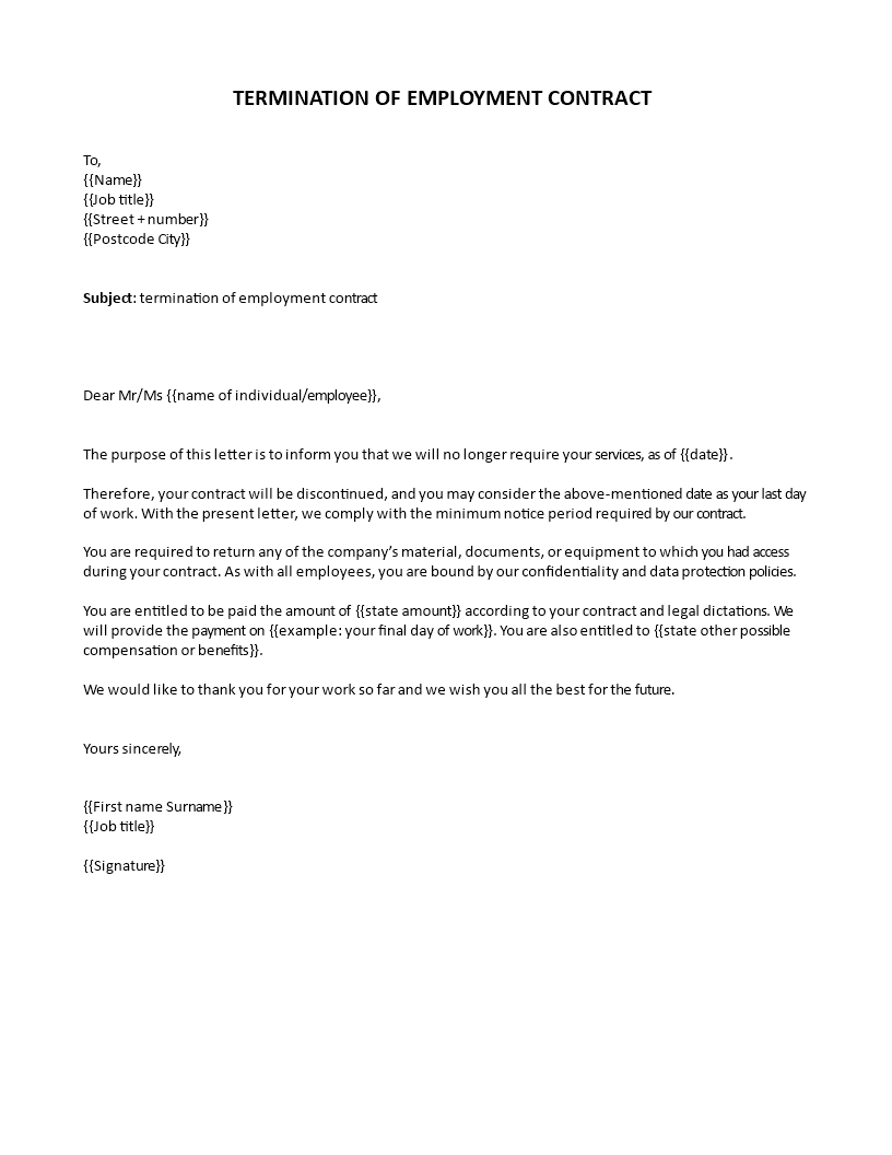 employee contract termination letter template