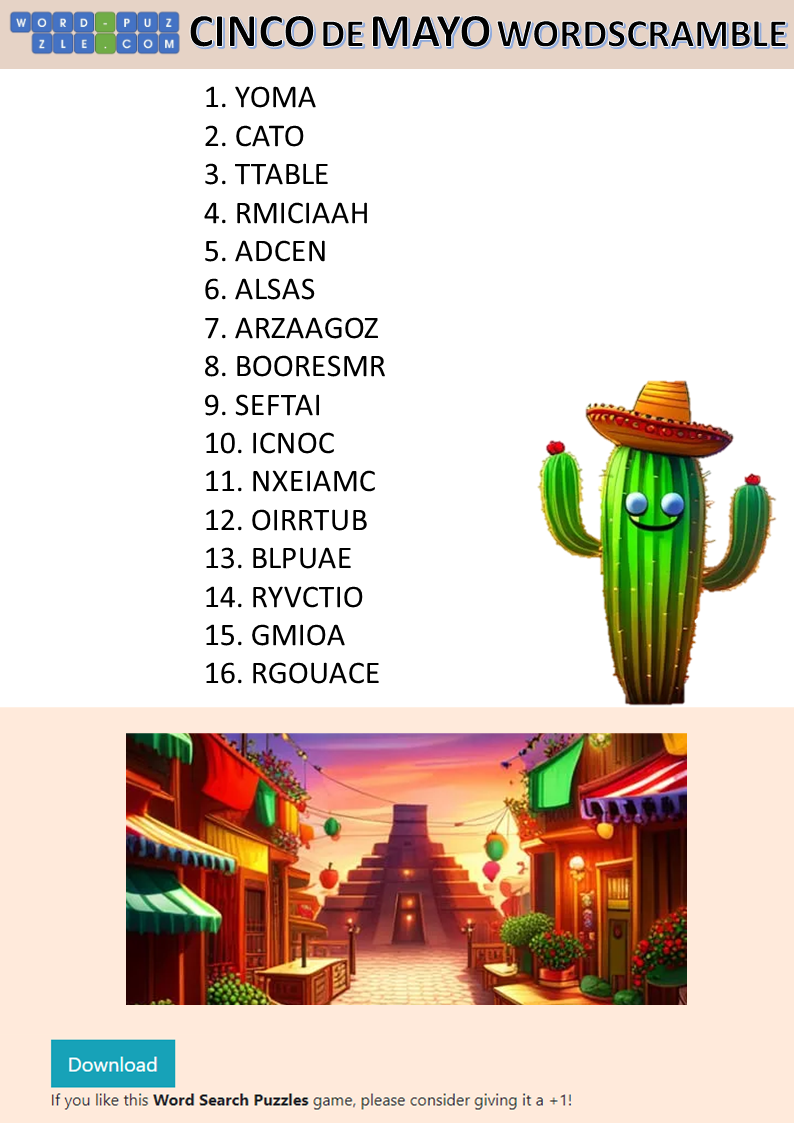 cinco de mayo word scramble voorbeeld afbeelding 