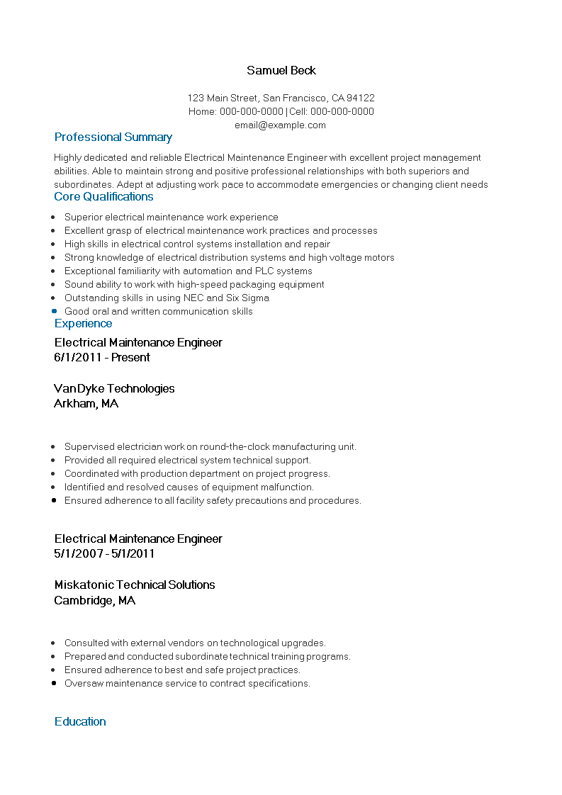 electrical maintenance resume template