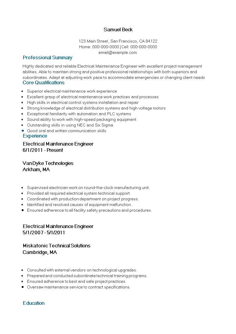 Electrical Maintenance Resume main image