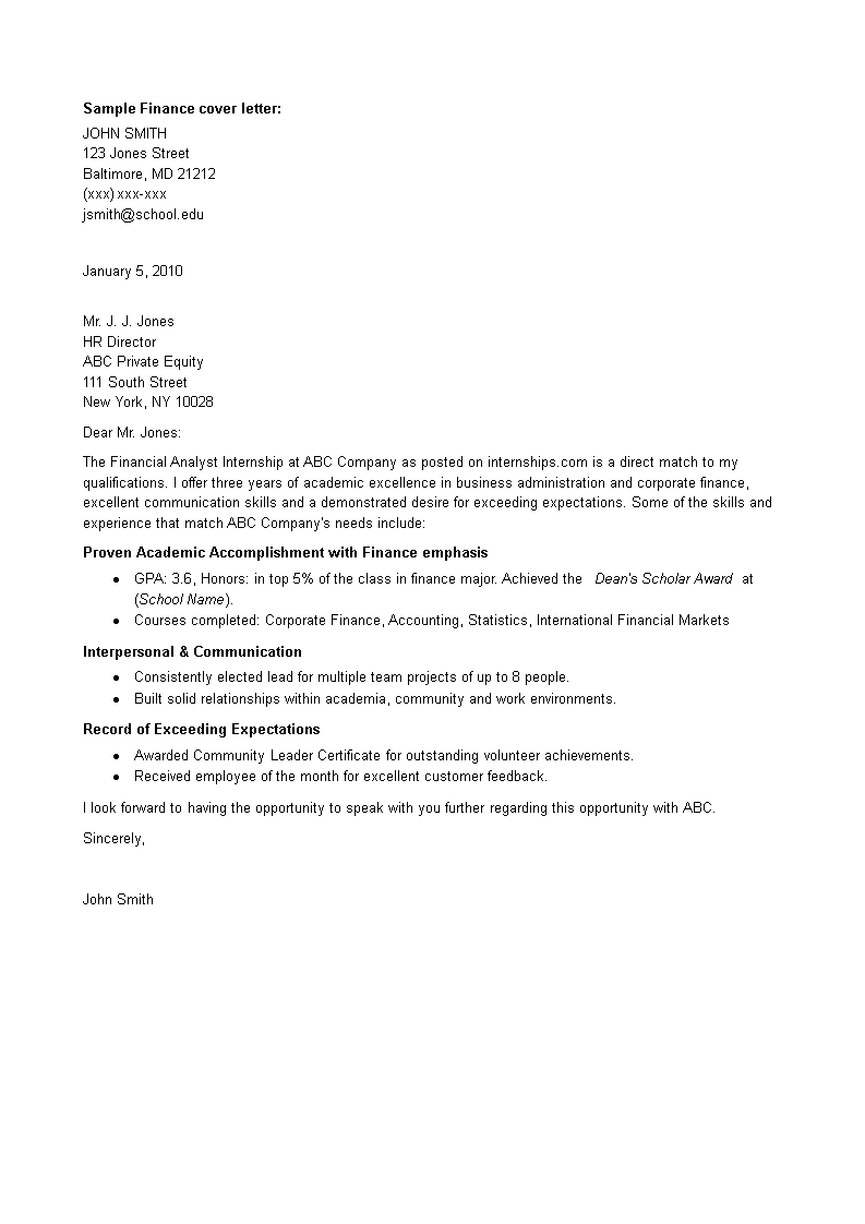 cover letter for a finance intern