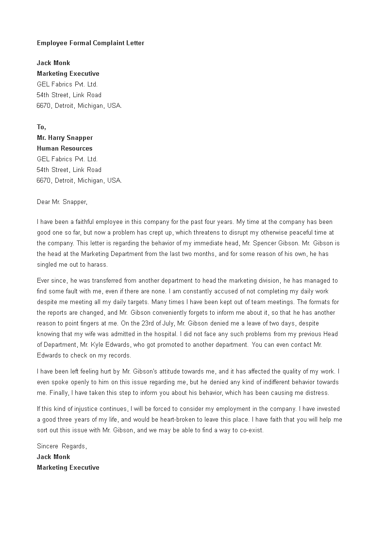 formal rejection of leave employee complaint letter template