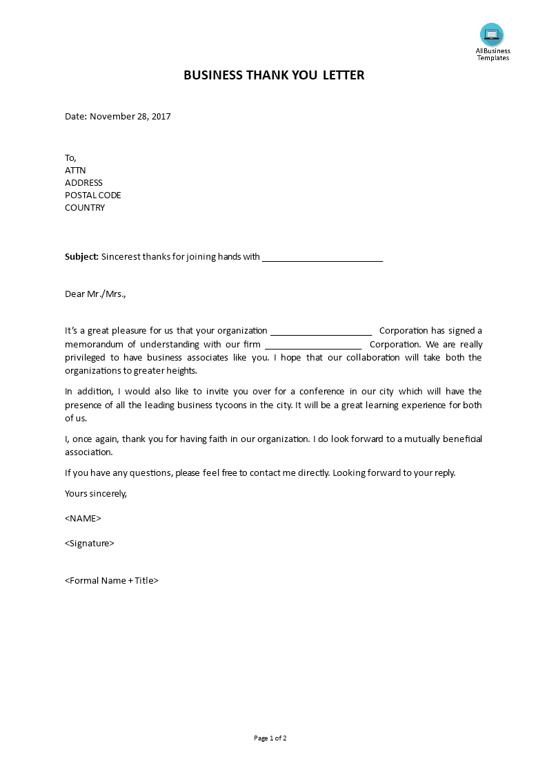 business thank you letter template