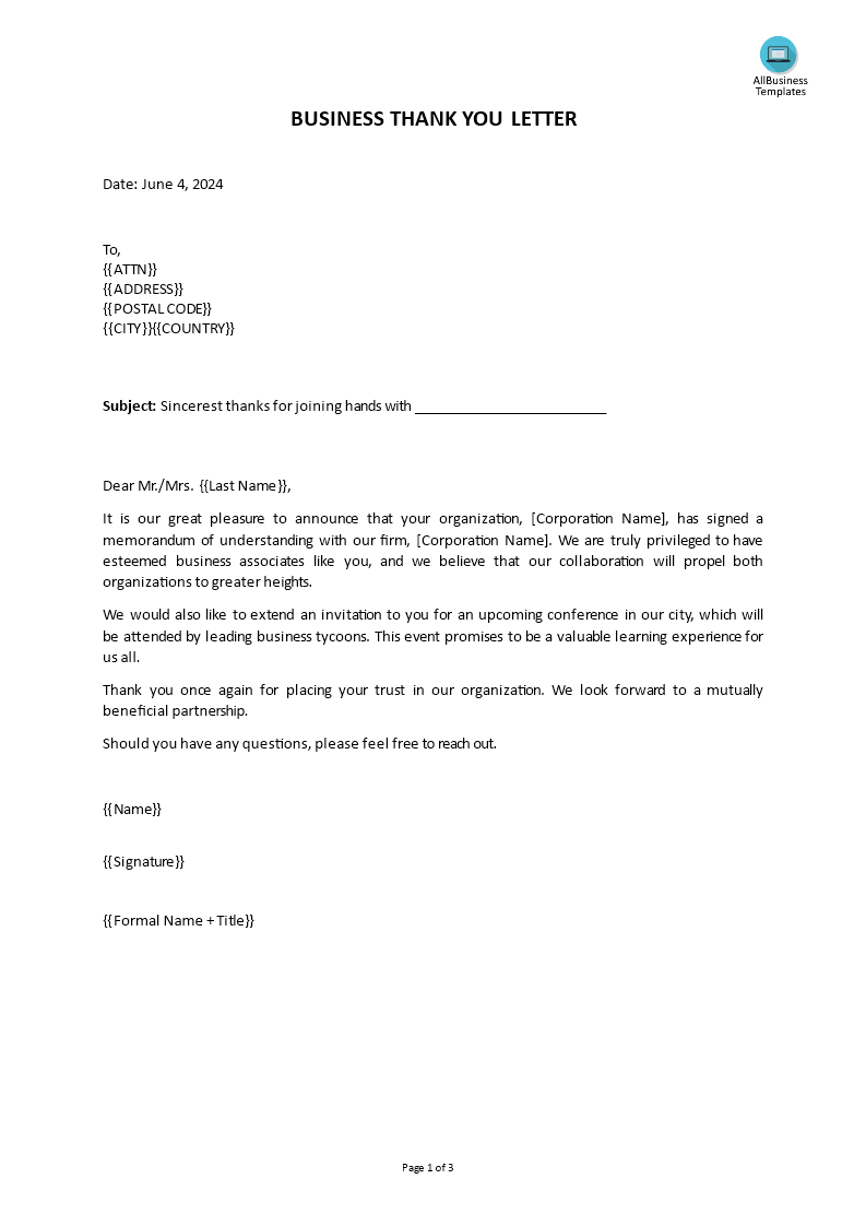 business thank you letter modèles