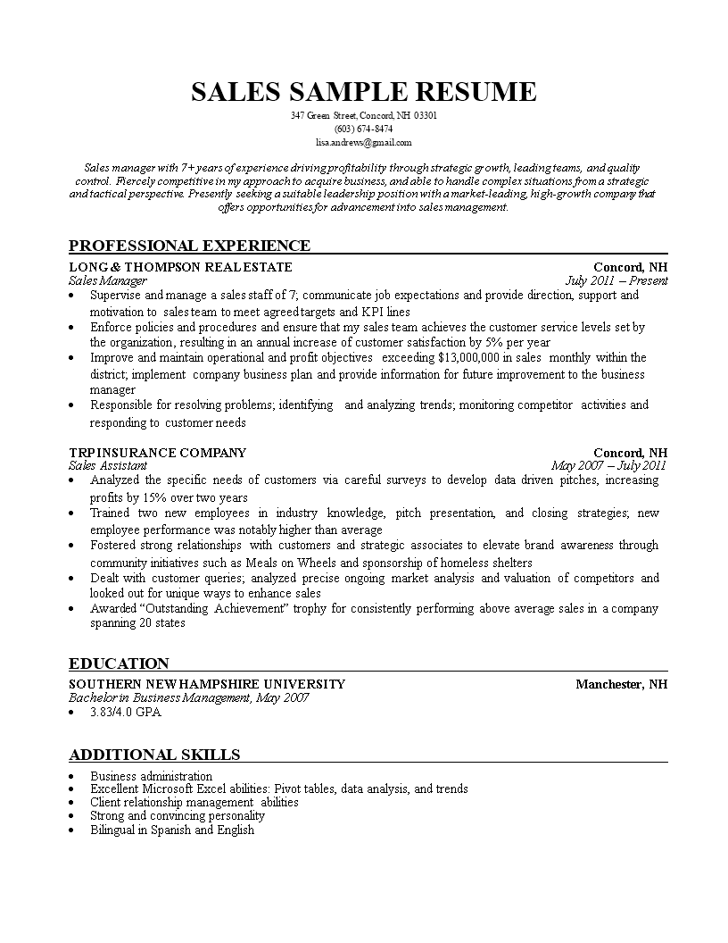 sales insurance agent resume plantilla imagen principal