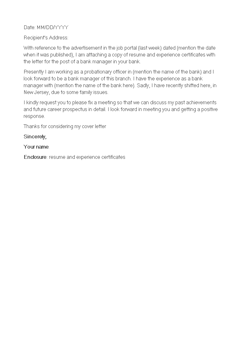 banking manager cover letter template