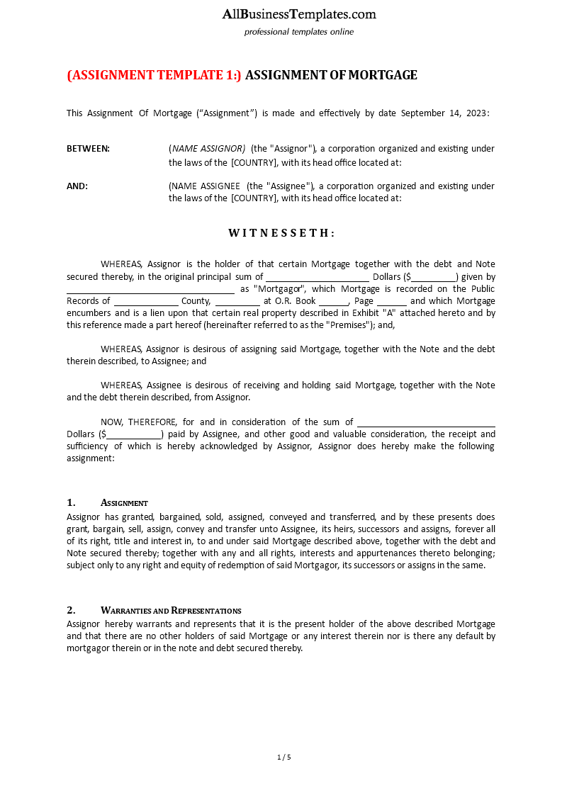 Assignment Of Mortgage Template main image