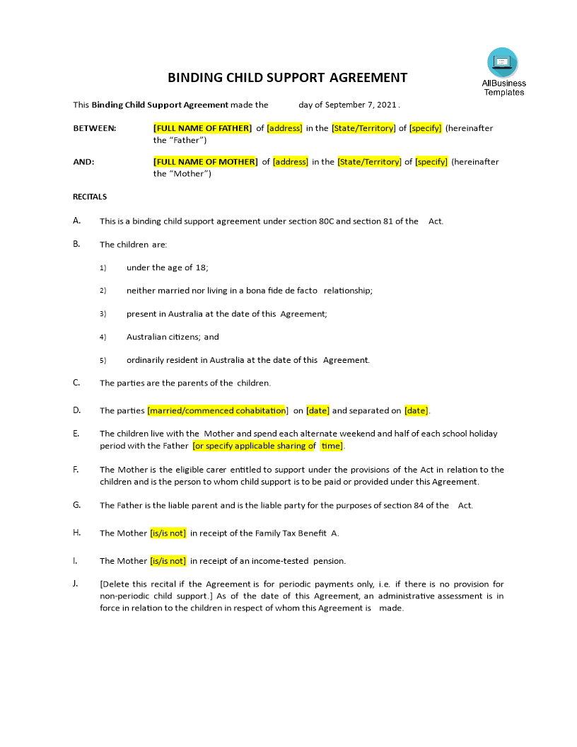 child support agreement template