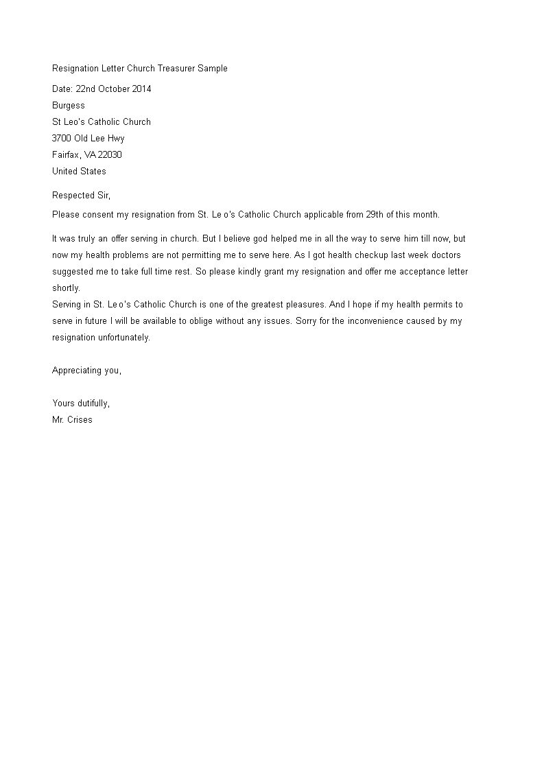 church treasurer resignation letter template