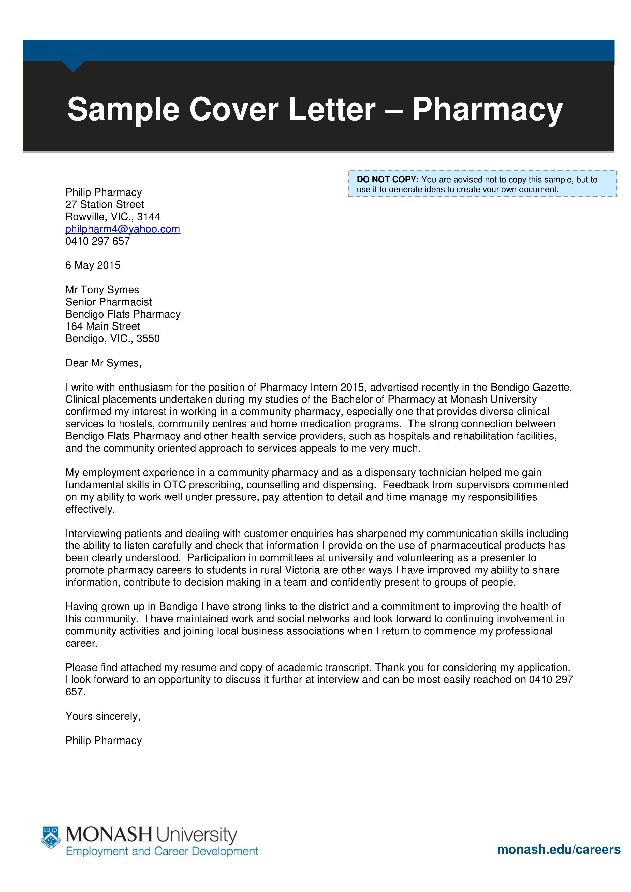 application letter for pharmacy training