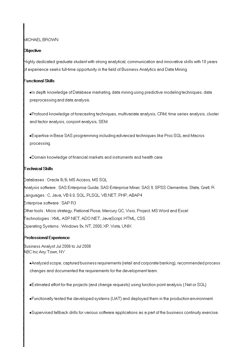 banking business analyst resume example modèles