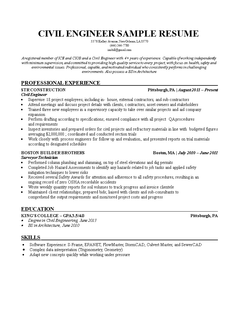 sample civil engineering resume template