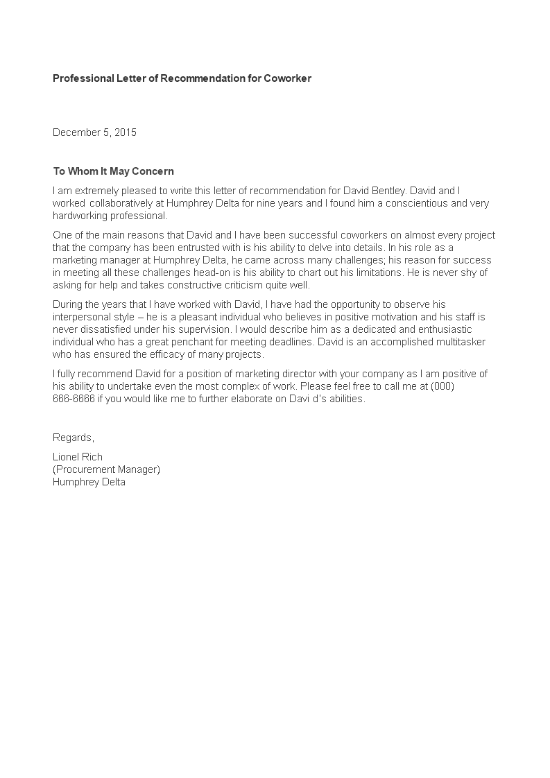 professional letter of recommendation for coworker template