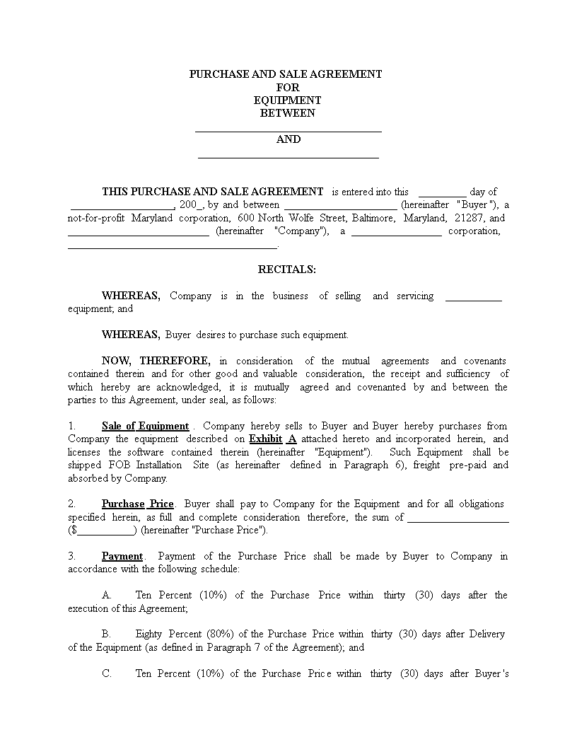 equipment purchase agreement form template