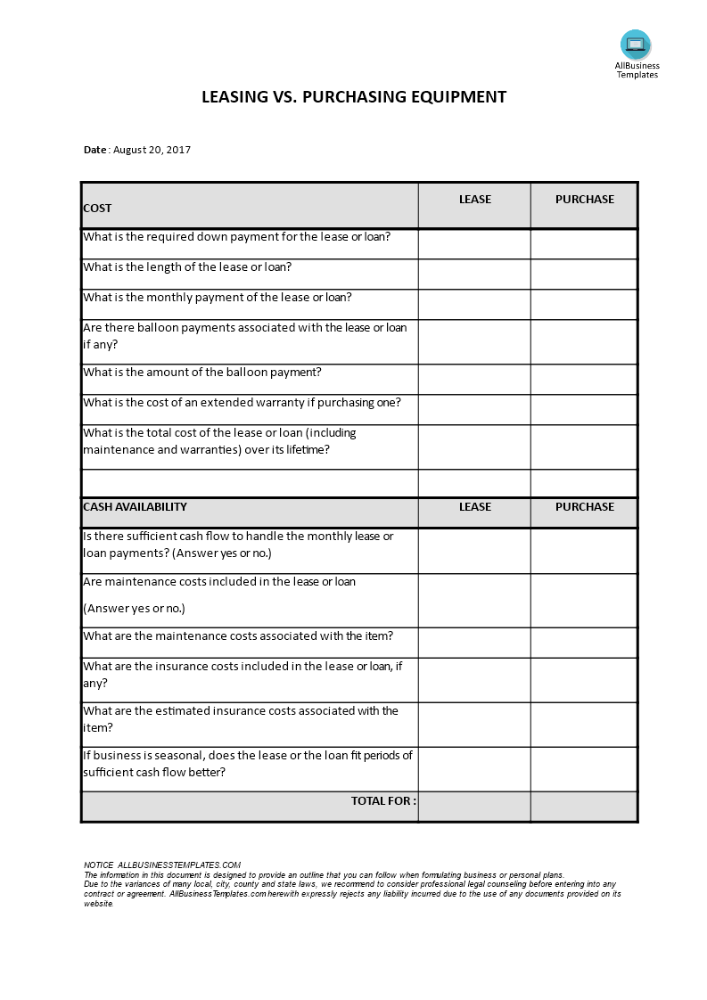 leasing vs purchasing equipment template