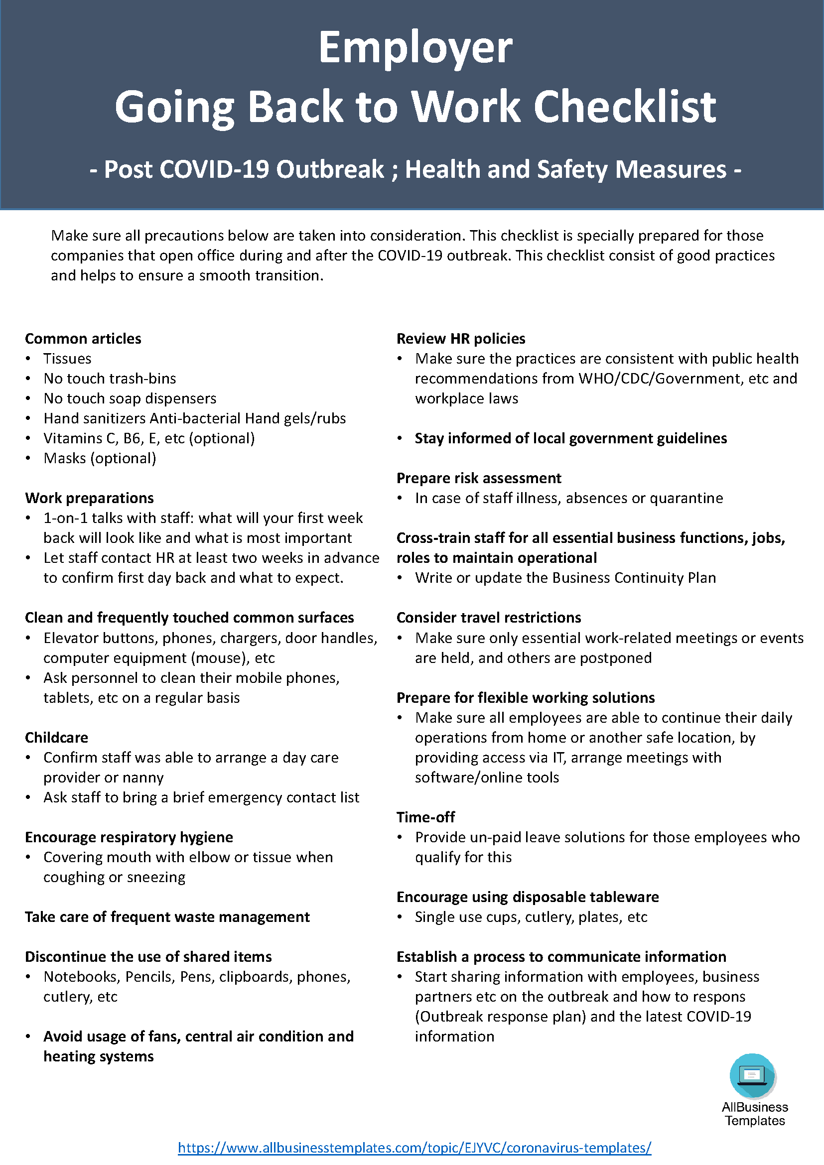 Back To Work Checklist Coronavirus for  Employer main image