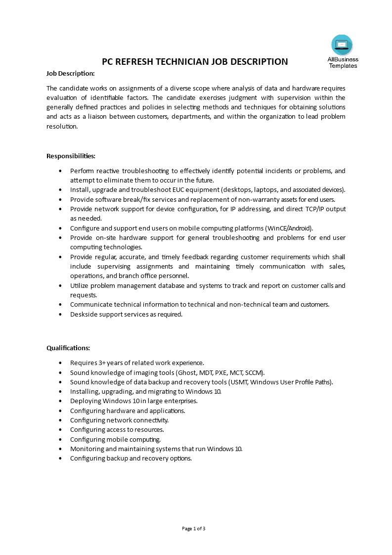 pc refresh technician job description template