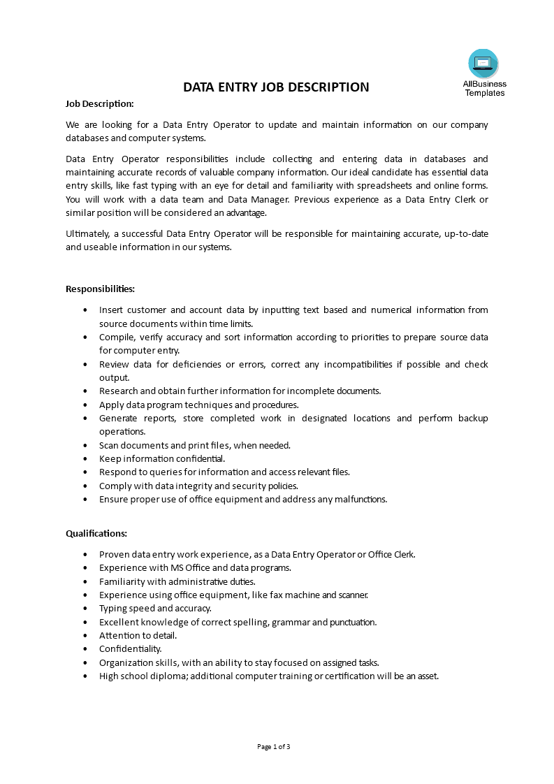 data entry job description template