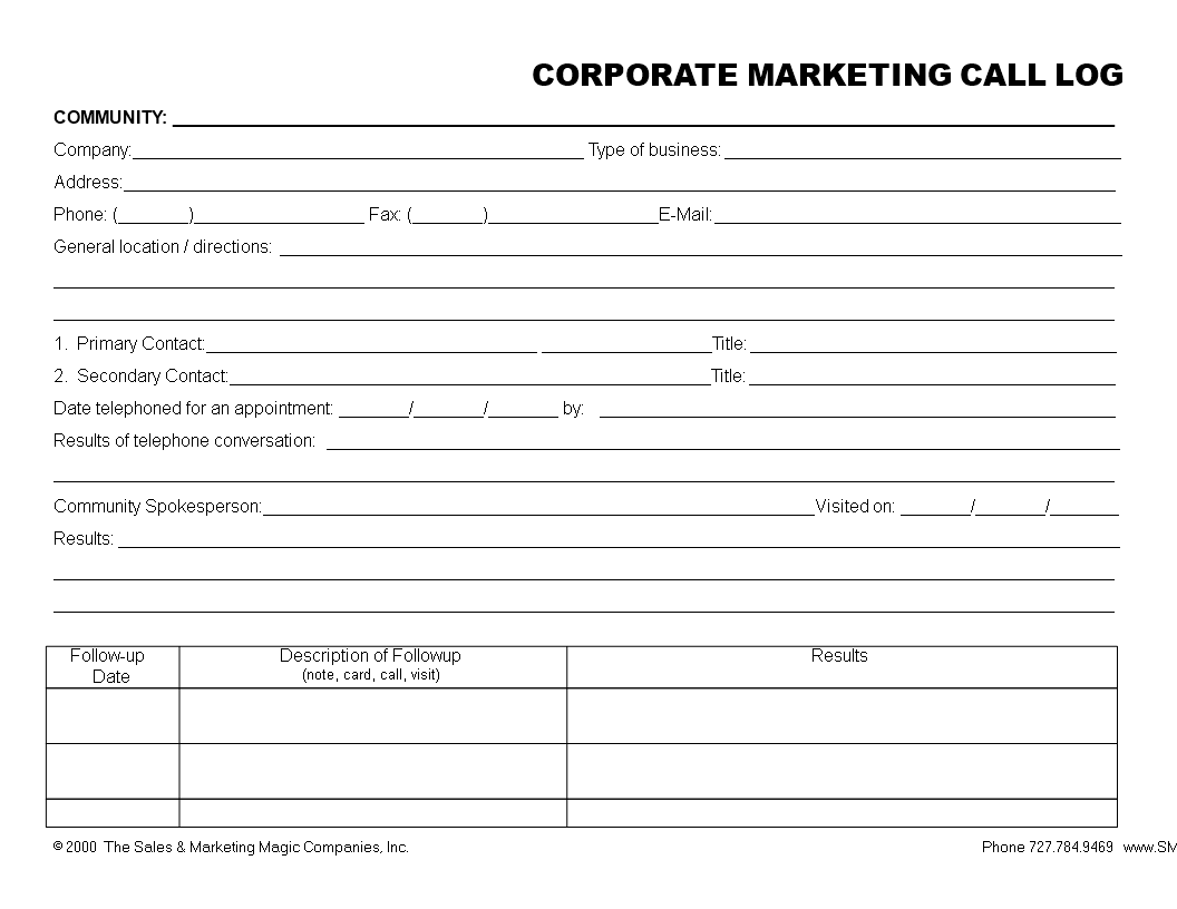 marketing corporate call log in word template