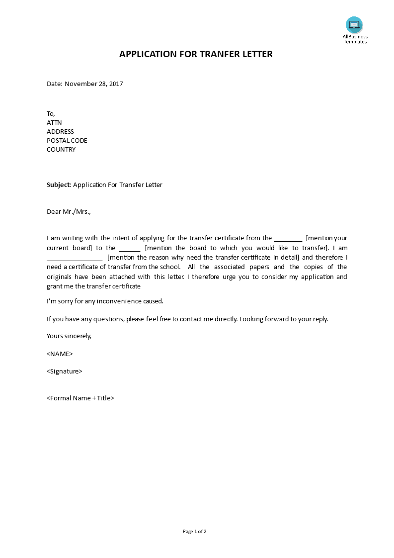 application for transfer letter template