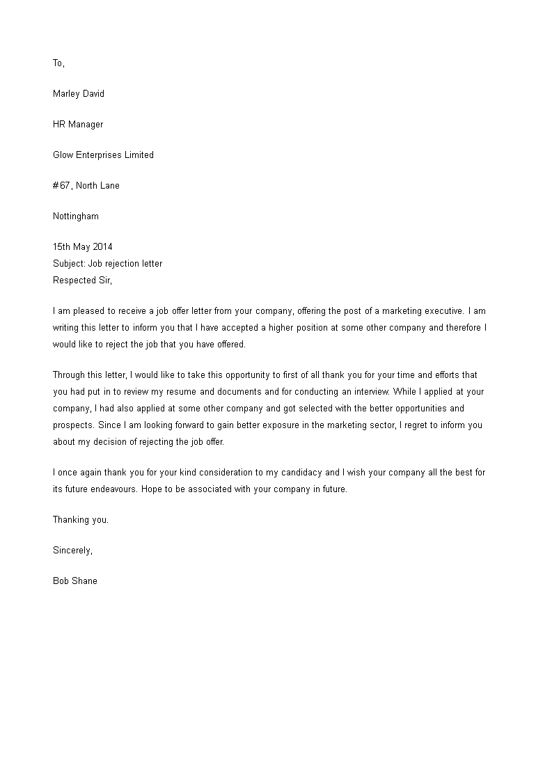 Sample of refusal letter for job offer
