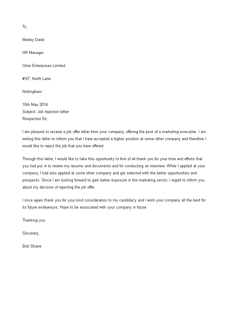 employer job refusal letter template