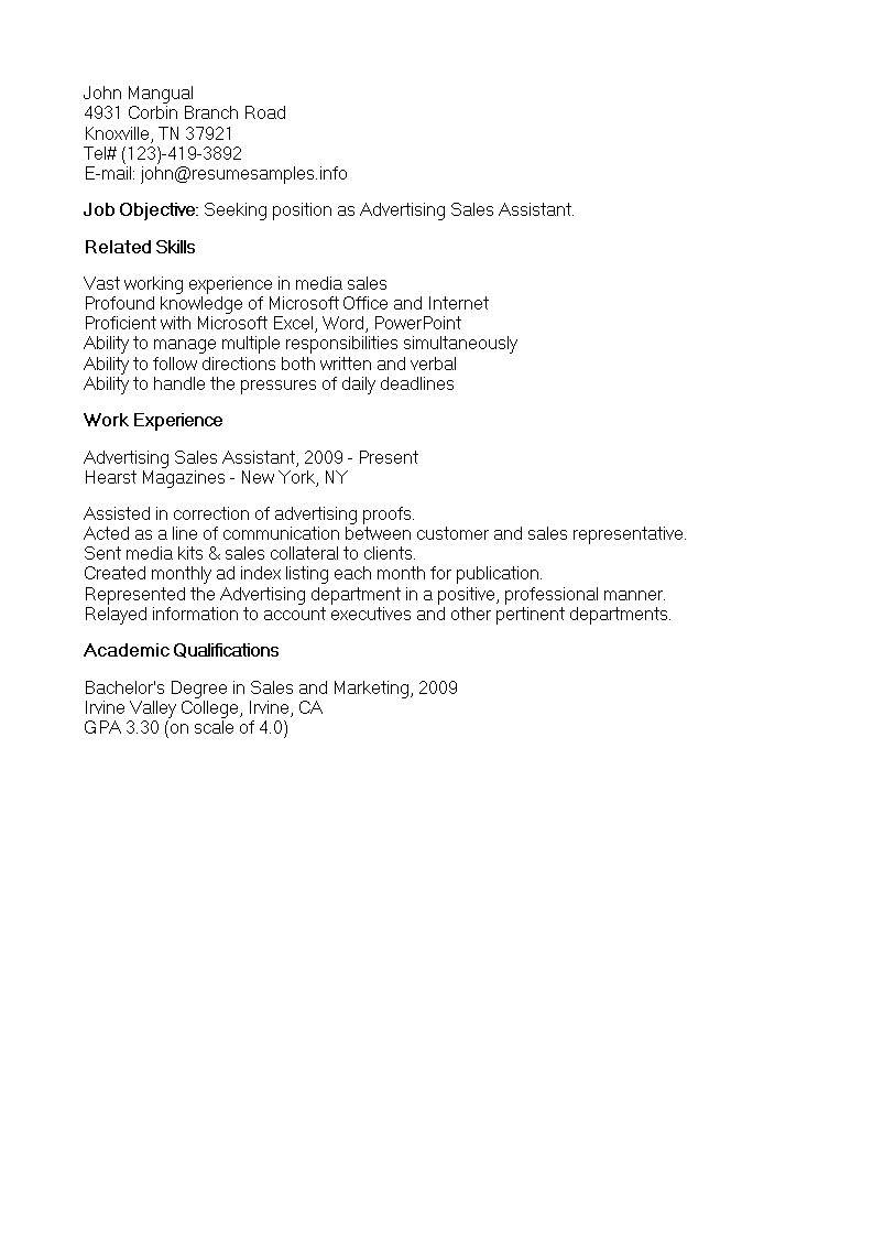Advertising Sales Assistant Resume main image