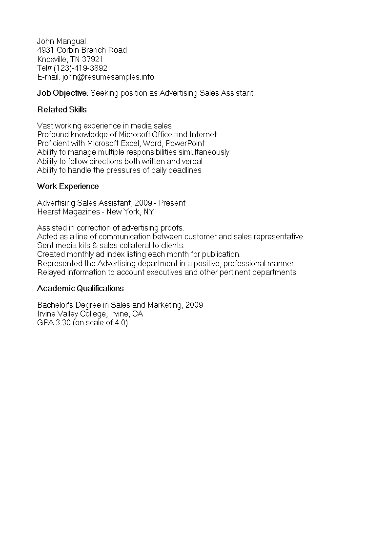 Advertising Sales Assistant Resume 模板